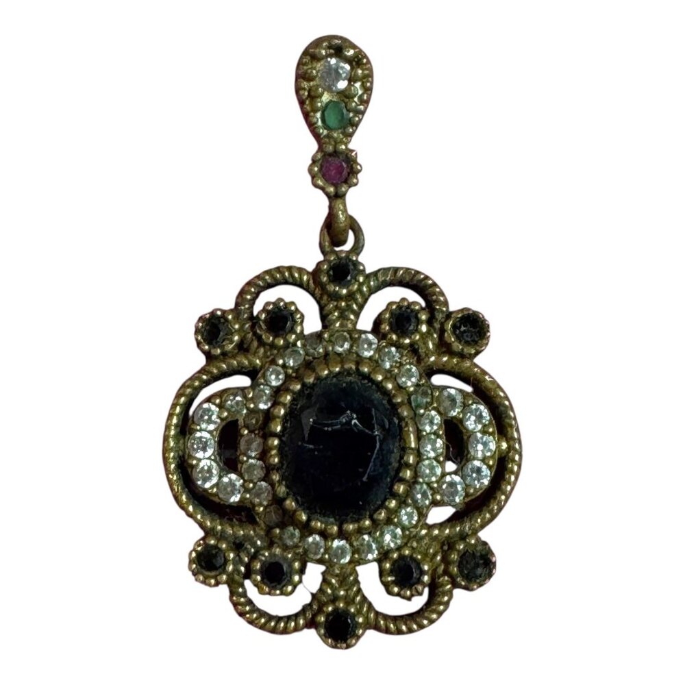 Vintage 925 Sterling Silver Pendant Art Deco Multi Gemstone Black Faceted Scroll